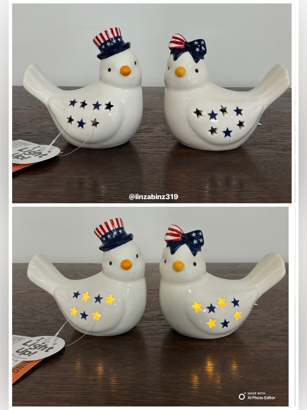 NWT- Set of 2- Patriotic LED Light Up Ceramic Birds with Star Cut Outs
